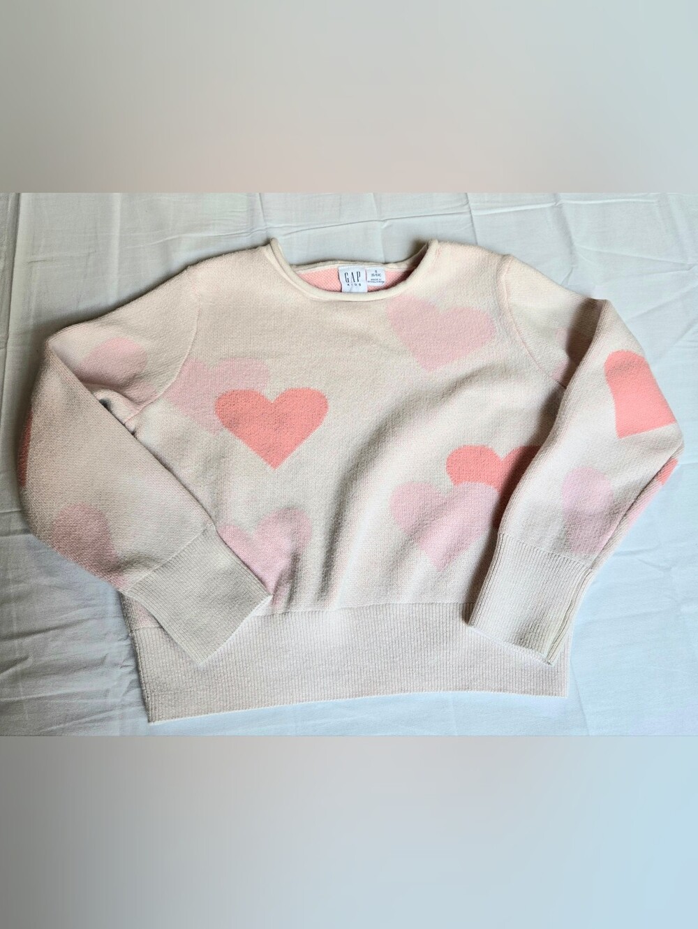 GAP Kids Girls Heart Sweater S 6/6X Cream Pink 100% Cotton